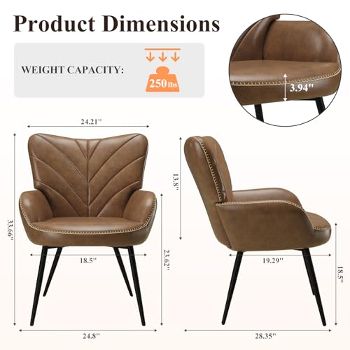 MALOL Modern Mid-Century Faux Leather Accent Chair, Upholstered Armchair with Curved Backrest, Sturdy Metal Base, Living Room, Bedroom & Reading Nook,Brown - color: Brown, size: set of 2