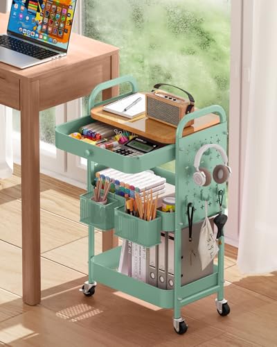ALVOROG 3 Tier Metal Rolling Cart with Drawer,Wood Top,Pegboards,Green | Storage Utility Cart with Drawers,Pegboards,Lockable Wheels,Baskets,Hooks for Kitchen,Office,Bedroom,DIY Supplies - color: Green