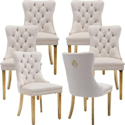 Beige Velvet Dining Chairs Set of 6, Tufted Kitchen & Dining Room Chairs | Six Fabric Dinning Chairs, Velvet Upholstered, Wing Back, Metal Pull Ring, Gold Legs, Wood Frame, Mid Century Modern - color: A-4 Beige Velvet, Gold Legs, size: 6