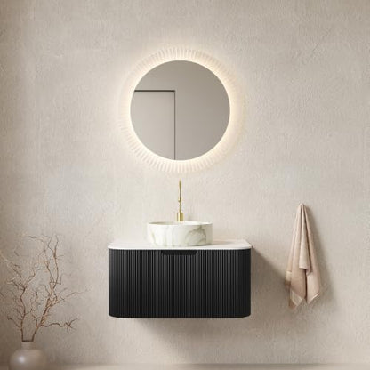 30" Floating Bathroom Vanity with Sink, Wall Mounted Plywood Cabinet, Black Fluted Front, Sintered Stone Countertop, White Marble-Look Ceramic Vessel Sink, Soft-Close Drawer, Pre-Assembled - color: Black Cabinet / White Marble Sink, size: 30 Inch