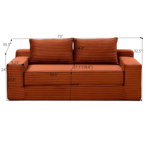 73" Corduroy Cloud Loveseat Sofa, 2-in-1 Convertible Sleeper Sofa Bed with Memory Foam, No-Assembly Sofa-in-a-Box for Small Spaces Living Room/Apartment/Office (Orange) | Corduroy - color: Orange