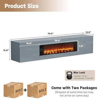 70" Wall Mounted Floating TV Stand with 36" Electric Fireplace, High Gloss Floating Entertainment Center TV Shelf for TVs Up to 80", Grey Fireplace Media Console Table Floating TV Cabinet Living Room - color: Grey, size: 70"-with fireplace