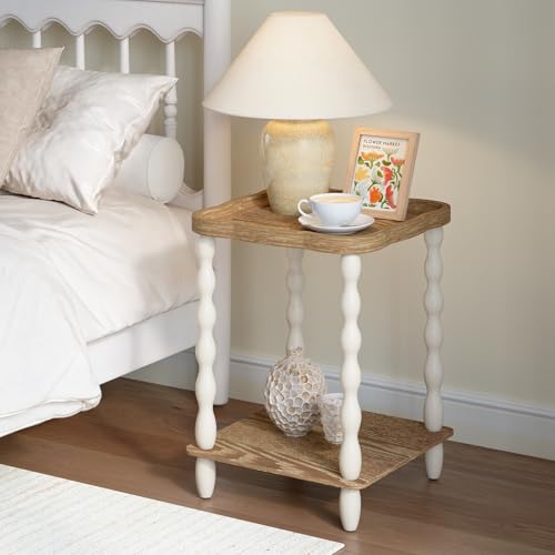 karlott Round Side Table, Square Farmhouse End Table Living Room, Beige | Pine Leg, Weathered Handcrafted Wood Nightstand, Boho Round Nightstand, Easy Assembly for Living Room, Bedroom, Small Space - size: Square Arc 2 Tier Table 18.9 Inches