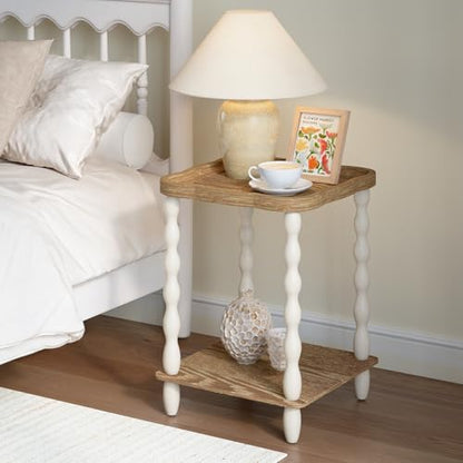 karlott Round Side Table, Square Farmhouse End Table Living Room, Beige | Pine Leg, Weathered Handcrafted Wood Nightstand, Boho Round Nightstand, Easy Assembly for Living Room, Bedroom, Small Space - size: Square Arc 2 Tier Table 18.9 Inches