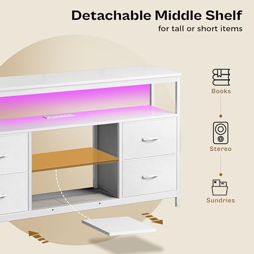 Huuger TV Stand Dresser with Power Outlets and LED Lights, 4 Drawers Entertainment Center with Shelves, 54 Inch Media Console for 55 60 Inch TV, 4 AC Outlets, 2 USBs, Dresser with PU Finish, White - color: White, size: 54 Inches