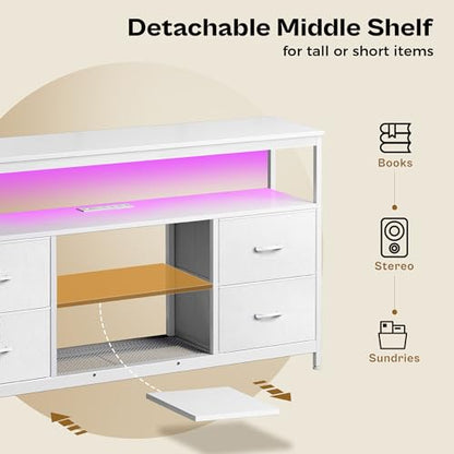 Huuger TV Stand Dresser with Power Outlets and LED Lights, 4 Drawers Entertainment Center with Shelves, 54 Inch Media Console for 55 60 Inch TV, 4 AC Outlets, 2 USBs, Dresser with PU Finish, White - color: White, size: 54 Inches