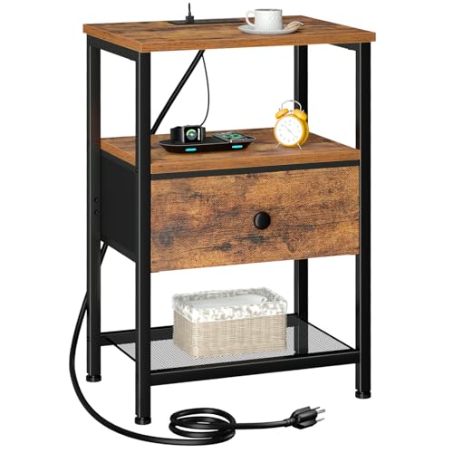 Night Stand, Small Nightstand with Charging Station | Bedside Table with Fabric Drawer, End Table Living Room, Side Table with USB & Type-C Ports for Bedroom, Rustic Brown - color: Rustic Brown, style: One-drawer
