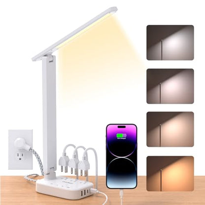 One Beat Small LED Desk Lamp Power Strip 5ft Extension Cord with 3 Outlets 4 USB Ports(2 USB C), 4 Modes, 5 Level Touch Lamp Study Reading Light, Home Office Bedroom College Dorm Room Essentials,White | One Beat 4 Modes 5 Level Brightness Touch Lamp, Smal