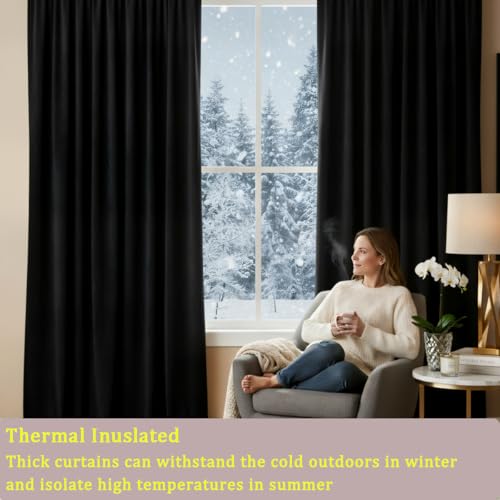 Timeper Black Velvet Curtains 108 inches 2 Panels,Blackout Curtains for Bedroom Living Room Thermal Insulated Luxury Super Soft Window Drapes,Back Tab & Rod Pocket,W52 x L108 inches - color: Black, size: 52"W x 108"L (Pack of 2)