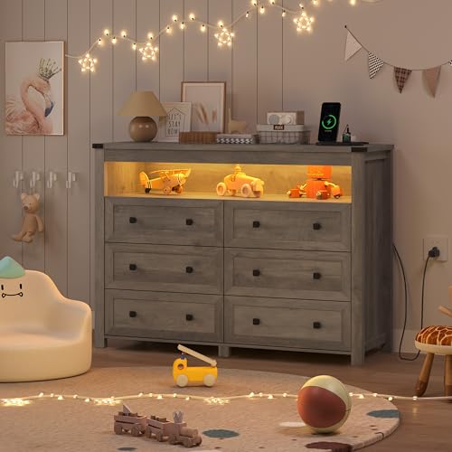 Grey Dresser 6 Drawer Dressers for Bedroom with LED Lights, Charging Station, Wood Chest of Drawers with Metal Handles, Modern TV Stand Storage Cabinet for Living Room, Hallway, Entryway, Gray - color: Grey, style: LED 6 Drawers