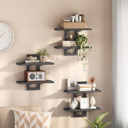 HOOBRO Floating Shelves, 15 Inch Wall Shelf Set of 3, Wall Mounted Storage Shelves 2-Tier, Hanging Bathroom Shelves, for Living Room, Bedroom, Bathroom, Kitchen, Black BK32BJP301 - color: Black