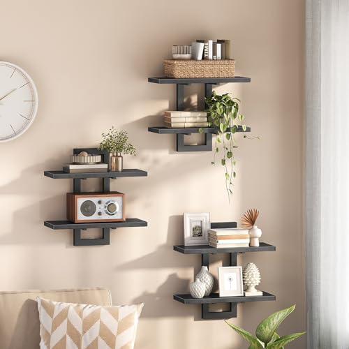 HOOBRO Floating Shelves, 15 Inch Wall Shelf Set of 3, Wall Mounted Storage Shelves 2-Tier, Hanging Bathroom Shelves, for Living Room, Bedroom, Bathroom, Kitchen, Black BK32BJP301 - color: Black
