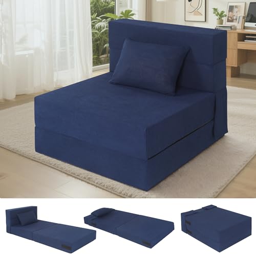 Fvkind Folding Sofa Bed with Memory Foam, Convertible, Single Size, Blue | Soft Corduroy Fabric - Foldable Sofa Mattress - Living Room & Bedroom - Adults & Guests - Space-Saving Design - color: Blue, size: Single