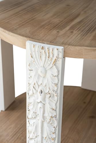 20" Round Side Table with Carved Leg, 2 Tier Storage Shelf | Farmhouse Solid Wood End Table for Living Room, Circle Coffee Table with Open Storage, Easy Assembly, Natural Brown Finish - color: A-20" Brown+white