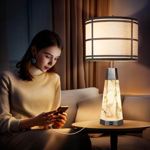 KIVDITZO 27" Alabaster Bedside Table Lamps Set of 2 with Night Light | Bedroom Lamps with Night Light, Living Room Lamps with USB A+C Ports, Table Lamp with Linen Shade for Bedside, Bulbs Included - color: Bronze