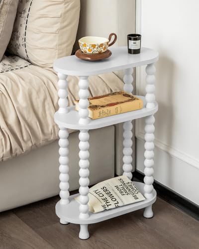 3-Tier Narrow Side Table, Slim End Table for Small Spaces | Skinny wooden side table with shelf storage. Ideal as living room accent or bedroom nightstand.Easy assembly, space-saving - color: White