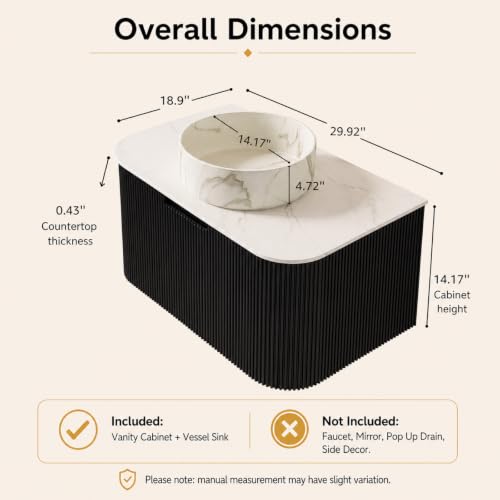 30" Floating Bathroom Vanity with Sink, Wall Mounted Plywood Cabinet, Black Fluted Front, Sintered Stone Countertop, White Marble-Look Ceramic Vessel Sink, Soft-Close Drawer, Pre-Assembled - color: Black Cabinet / White Marble Sink, size: 30 Inch