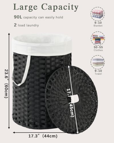 SETVSON Laundry Hamper with Lid 23.8 Gal Handwoven Laundry Basket Black | The lid hides dirty clothes, keeping spaces neat and fresh. 90 L Large Capacity, Stylish Design with Handles Easy Transport - color: Black, size: 90 L