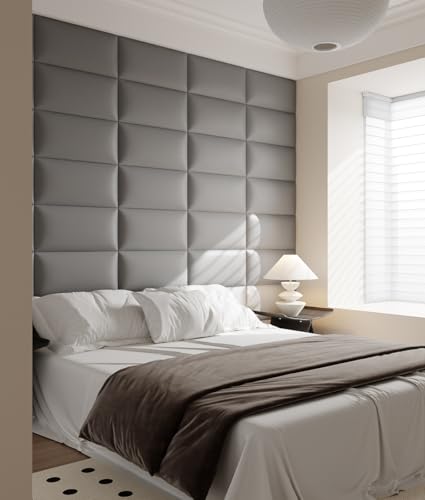 Wall-Mounted Upholstered Headboard Panels, 24x12 Inches, Light Grey Imitation Leather, Pack of 6 – DIY Soundproof Accent Wall Panels, Anti-Collision Padding, Easy to Clean, Modern Bedroom Décor - color: Leather-light Gray