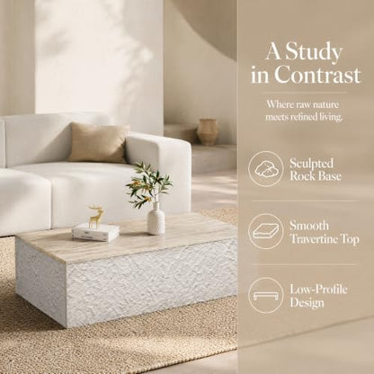 Henf Modern Faux Stone Coffee Table with Travertine Top, 47''x24''x14'' | Multi-Use Living Room Table, Faux Rock Base, Low-Profile Design, Waterproof & Stain-Resistant, Scratch-Resistant Surface - color: Natural, size: 47in