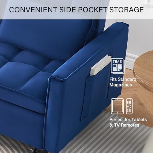 3 in 1 Convertible Sleeper Sofa Bed, Velvet Loveseat Futon Pull-Out Couch with Adjustable Reclining Backrest, Side Pockets and Pillows for Living Room, Bedroom, Apartment, Small Spaces (Blue-Velvet) - color: Blue-velvet