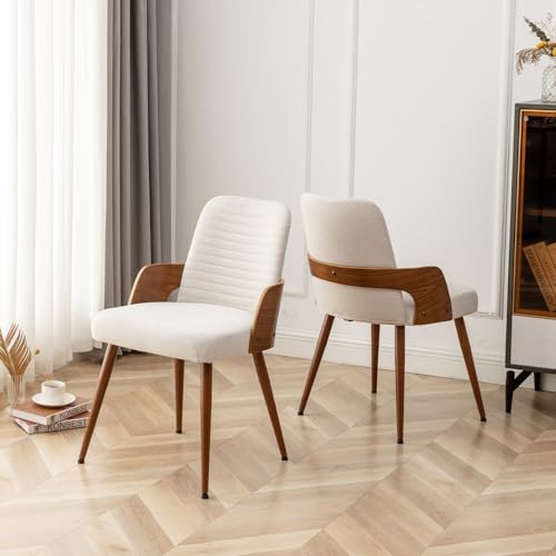 Dining Room Chairs Set of 2,Mid Century Modern Kitchen Chairs,Upholstered Beige Fabric Accent Chairs,Metal Legs Wooden Desk Chairs Armless and No Wheels for Kitchen Dining Living Room - color: Beige Fabric, size: Set of 2