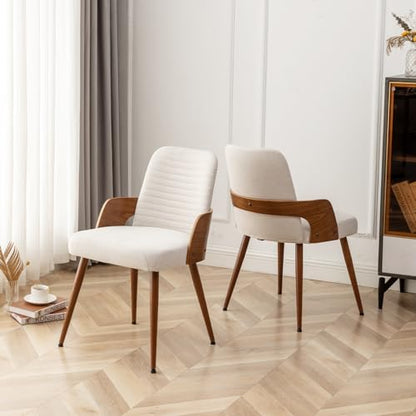 Dining Room Chairs Set of 2,Mid Century Modern Kitchen Chairs,Upholstered Beige Fabric Accent Chairs,Metal Legs Wooden Desk Chairs Armless and No Wheels for Kitchen Dining Living Room - color: Beige Fabric, size: Set of 2