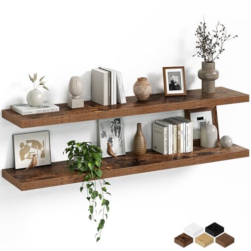 Fun Memories Floating Shelves for Wall, 48 Inch Long Set of 2 Rustic Wood Wall Shelves with Invisible Brackets, Heavy Duty Storage Display for Living Room Bedroom Kitchen, Brown - color: Rustic Brown, size: 8"D x 48"L - 2Pack