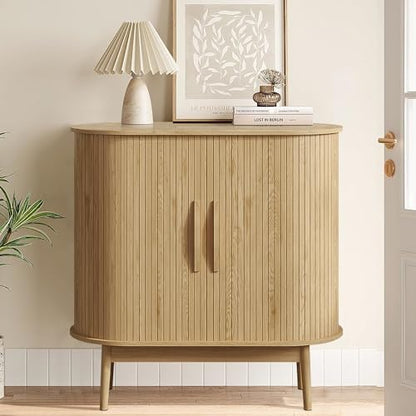 Small Sideboard Buffet Cabinet with Storage & Sliding Doors, 31" (Wood) | Adjustable Shelf, Coffee Bar Cabinet, Modern Buffet Table, for Kitchen, Dining Room, Living Room, Oval, Wooden Legs - color: Oak
