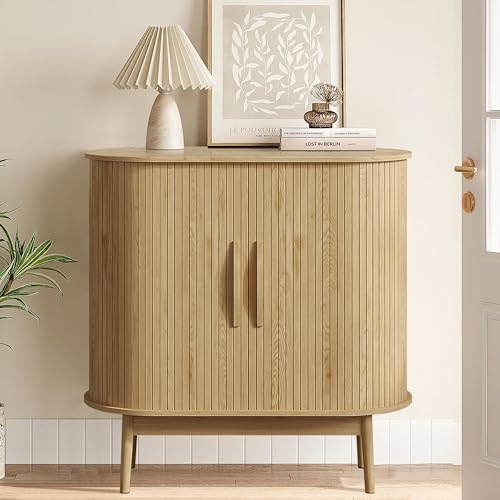 Small Sideboard Buffet Cabinet with Storage & Sliding Doors, 31" (Wood) | Adjustable Shelf, Coffee Bar Cabinet, Modern Buffet Table, for Kitchen, Dining Room, Living Room, Oval, Wooden Legs - color: Oak