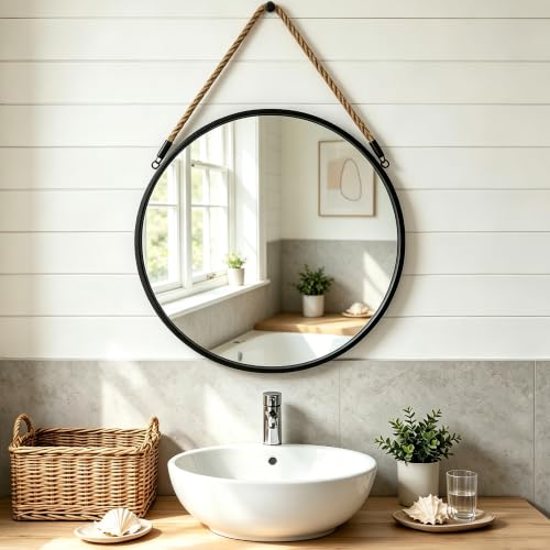 POZINO 20" Round Mirror with Black Metal Frame, Hanging Mirror for Wall | Circle HD Mirror with Jute Rope, Anti-Rust, Farmhouse Decorative Wall Mirror for Entryway, Living Room, Fireplace, Bathroom - color: Black, size: 20"L x 20"W
