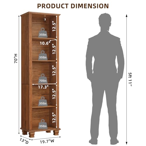 70" Tall Narrow Book Shelf, 5-tire Bookshelf with Adjustable Shelves & Solid Wood Legs, Farmhouse Freestanding Bookcase with Open Storage, Wood Book Case for Office, Living Room, Brown - color: Brown