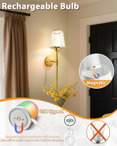 Adetu 23 Inch Crystal Battery Operated Wall Sconce Set of 2 | Gold Rechargeable Wall Sconce with 10000mAh Magnetic Bulbs, RGB Dimmable Wireless Battery Wall Lights for Bedroom Living Room - color: Gold, size: 23 Inch