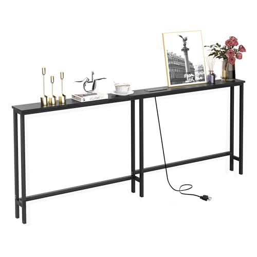 VASMIA 70.9 Inch Narrow Console Table with Outlet,Bamboo Sofa Table,Behind Couch Table,Skinny Hallway Table for Entryway Living Room,Foyer,Black - color: Black, size: 5.91"D x 70.87"W x 29.52"H