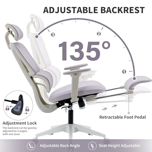 Ergonomic Office Chair with Footrest, 90-135° Reclining High Back Desk Chair with Lumbar Support, 2D Headrest, 2D Armrests, Computer Chair for Long Hours, Purple - color: Purple