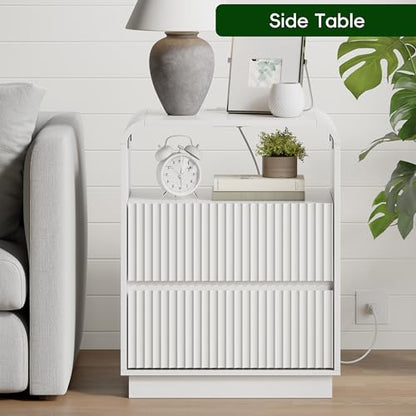 White Nightstands Set of 2 with Charging Station, Mid Century Modern End Tables & Bedside Tables, Fluted Wood Small Night Stands with 2 Hidden Drawers and Storage Shelf for Bedroom - color: White, style: 2 Drawers-2 PCS