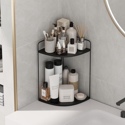 Bathroom Counter Organizer, Vanity & Makeup Countertop Organizer | Corner Bathroom Counter Organizer, Bathroom Sink Organizer, Bathroom Counter Shelf, Countertop Organizer, Corner Desk Shelf - color: Black 2 Tier