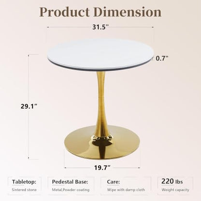 80.9cm(31.5인치) 원형 식탁, 금속 받침대 베이스가 있는 중세 튤립 테이블, 좁은 공간의 주방 다이닝 룸을 위한 현대적인 레저 테이블, 쉬운 조립, 골드 및 화이트 - color: 골드/화이트., size: 31.5 Inch
