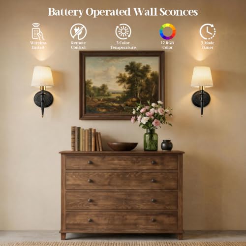 Battery Operated Wall Sconces Set of 2, Wireless Rechargeable Wall Lights with 12 RGB Colors and 3CCT Dimmable, Small Fabric LED Wall Lamps for Bedroom, Living Room, Hallway, Black Gold - color: Black Gold