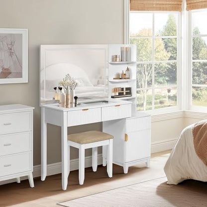 Vanity Desk with Stool, Mirror and Lights 3 Color, Makeup Vanity with Power Outlet, Dressing Table with Drawers, Storage Shelves, Adjustable Brightness, White - color: White