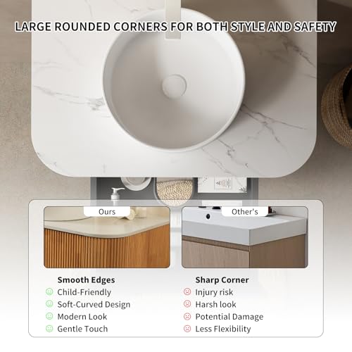 30” Floating Bathroom Vanity with Sink, Fluted Wall-Mounted Solid Wood Cabinet, White Ceramic Round Basin, Faux Marble Top, Soft-Close Drawer, Pre-Assembled, Natural Woodgrain - color: 02 - Natural Woodgrain, size: 30"