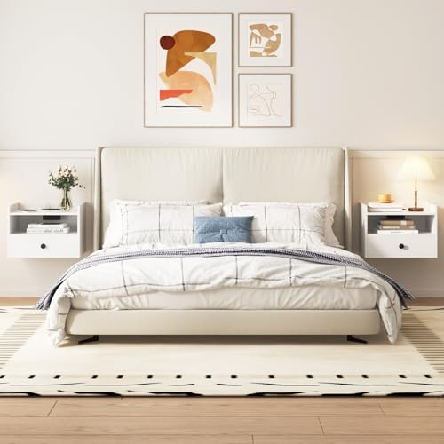 Floating Nightstand Set of 2 Modern Night Stands with Drawer and Open Shelf | Cubby Small Bedside End Table with Charging Station Wall Mounted Nightstands Set 2 for Bedroom White - color: White