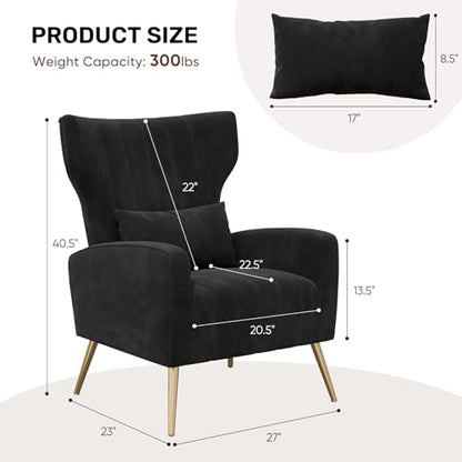 Nebuaegis Velvet Accent Chair Wingback for Living Room, High Back Arm Chair with Golden Legs Lumbar Pillow, Upholstered Single Sofa Bedroom Black - color: Black, size: Set of 1