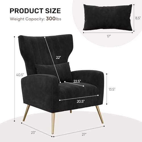 Nebuaegis Black Velvet Accent Chair Set of 4, Wingback Chair for Living Room, High Back Arm Chair with Golden Legs Lumbar Pillow, Upholstered Single Sofa Bedroom - color: Black, size: Set of 4