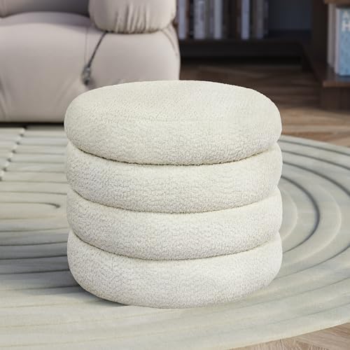 allamazing Storage Ottoman, Round Ottoman with Storage, Vanity Stool Foot Rest with Removable Lid, Round Boucle Upholstered for Living Room Pouf Footstool - color: Off White