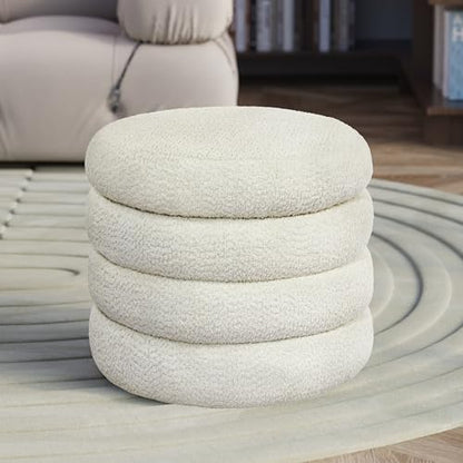 allamazing Storage Ottoman, Round Ottoman with Storage, Vanity Stool Foot Rest with Removable Lid, Round Boucle Upholstered for Living Room Pouf Footstool - color: Off White