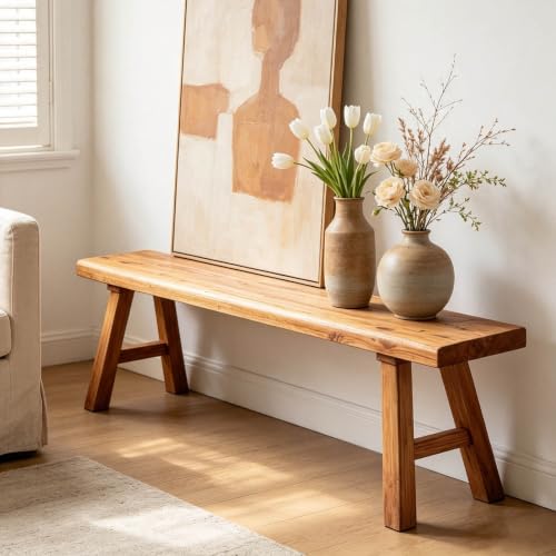 Narrow Entryway Bench Farmhouse Wood End of Bed Bench 20" 32" 39" 47" 55" 63" 71" 79" Sturdy Stable Skinny Long Benchs for Bedroom Hallway Dining Room Porch Easy to Assemble Natural Finish(63") - size: 63"