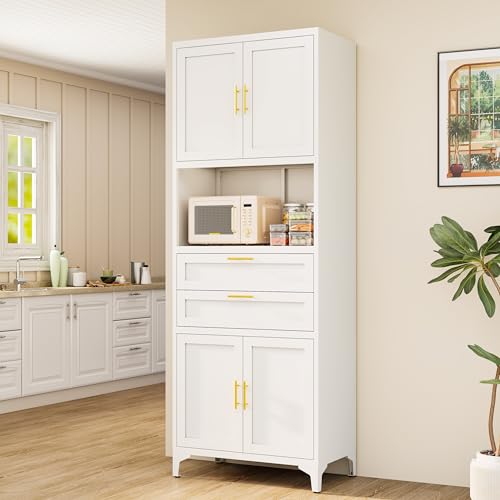 Tall Kitchen Pantry Cabinet, Metal Storage Cabinet with 2 Drawers and Adjustable Shelves, 71" Kitchen Pantry Cupboard, Freestanding Cupboard for Kitchen,Dining Room, White - color: White, size: 71"H