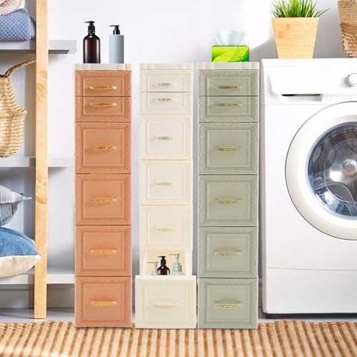 5-Tier Plastic Drawers Storage Dresser, 33" H Narrow Slim Storage Organizer Vertical Drawer Unit, Rolling Thin Storage Tower with Wheels for Small Spaces Gaps Home Furniture (Green) - color: Green