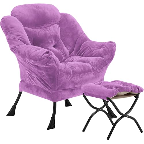Youtanic Lazy Chair with Folding Ottoman, Accent Chair Plush Upholstered with Metal Structure and Non-Slip Pads, Sofa Armchair with Footrest and Side Storage Bag for Dorm, Room, Office, Purple - color: Plush Purple